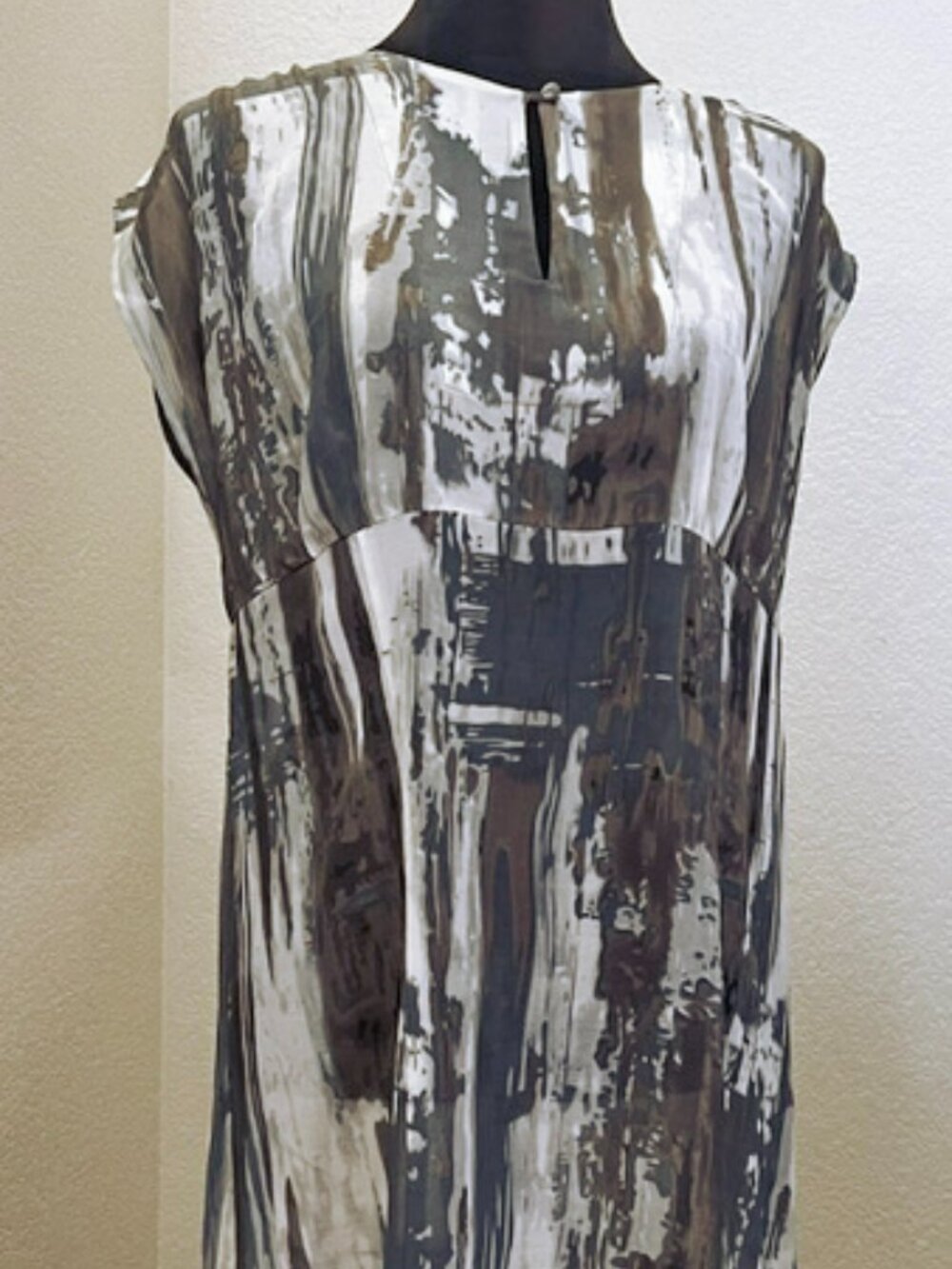 CAbi Water-Color Brushstroke Tunic Top in tones of Gray, White & Army Green